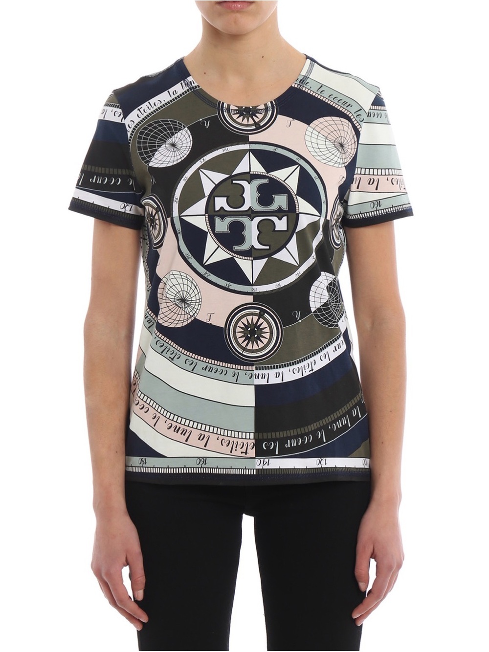 Tory Burch Compass Print Graphic T Shirt Celestial Nautical Rose Des Vents M